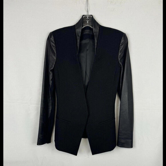 Helmut Lang Jackets & Blazers - Helmut Lang Virgin Wool Lamb Leather Sleeve Blazer Jacket Black Size 4 US